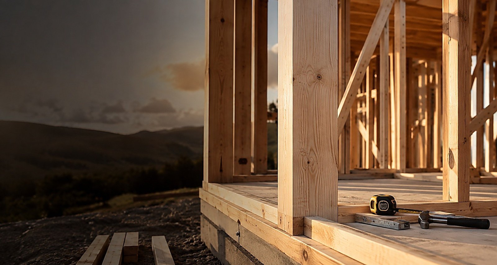Timber framing and precise carpentry detail in warm natural light