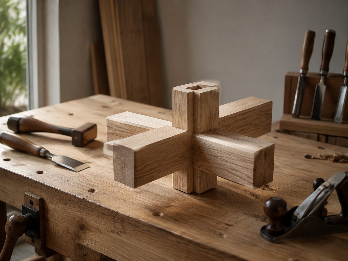 Timber joinery and hand tools arranged on a carpenter's workbench