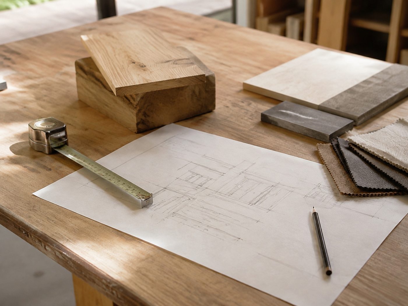 Neutral material samples, a tape measure and an architectural sketch on a timber table